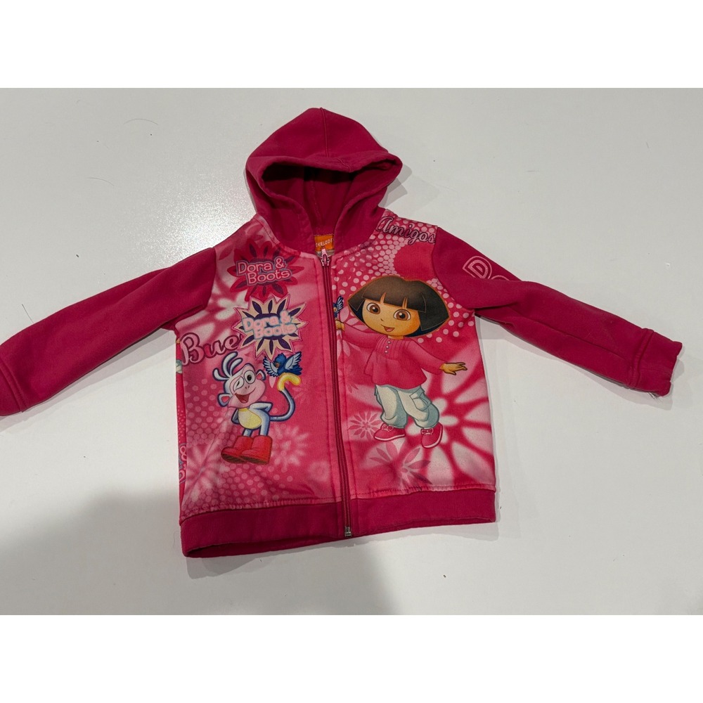 Vintage Nickelodeon Dora the Explorer Pink Zip Up Hoodie Boots Fleece Girls 4T